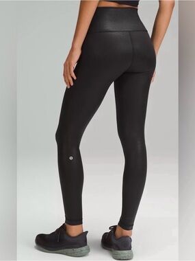 Lululemon Wonder Train Black Foil Shine High-Waist Tights Sz 6 28”